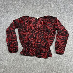 Michael Michael Kors Shirt Womens XL Red Black Wrap Surplice Peplum Long Sleeve